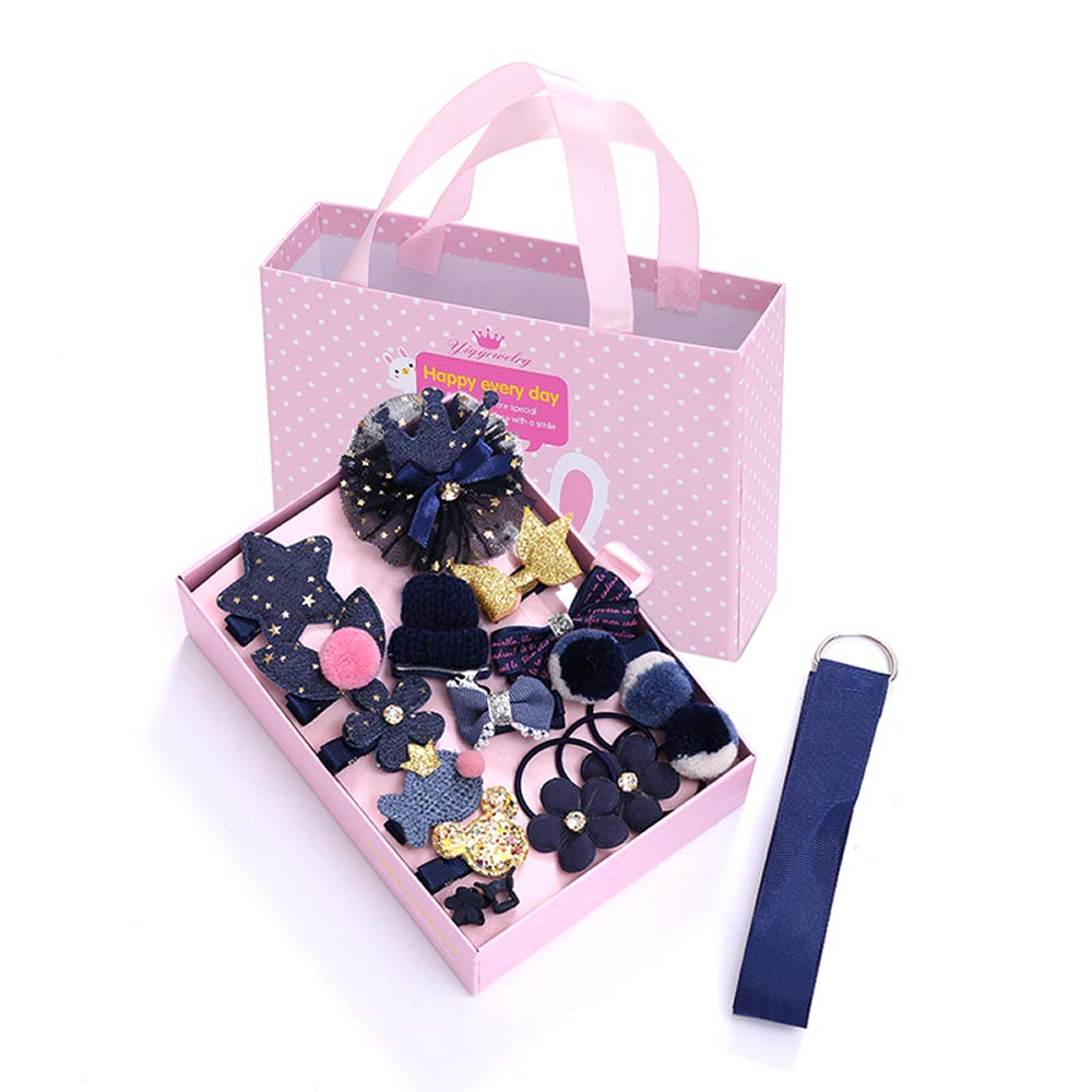 Enkarl Baby Girl's Hair Clips 18pcs Cute Hair Bows Elastic Hair Ties - Baby Hairclips Hair Accessories with Gift Package for Baby Girls Infants Toddler Kid (Navy)