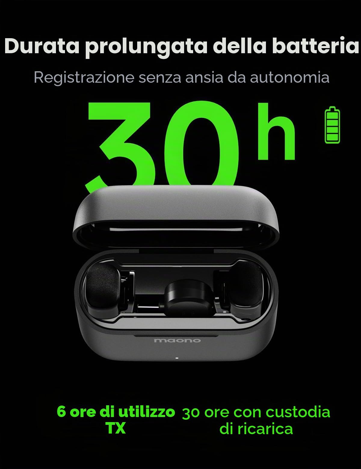 MAONO Wave T1 Mini Microfono Lavalier Wireless per iPhone 17 16 15, Android, Tablet, PC con USB-C, Cancellazione Rumore, Filtro AI, 30 Ore con Custodia di Ricarica per Video, TikTok, YouTube