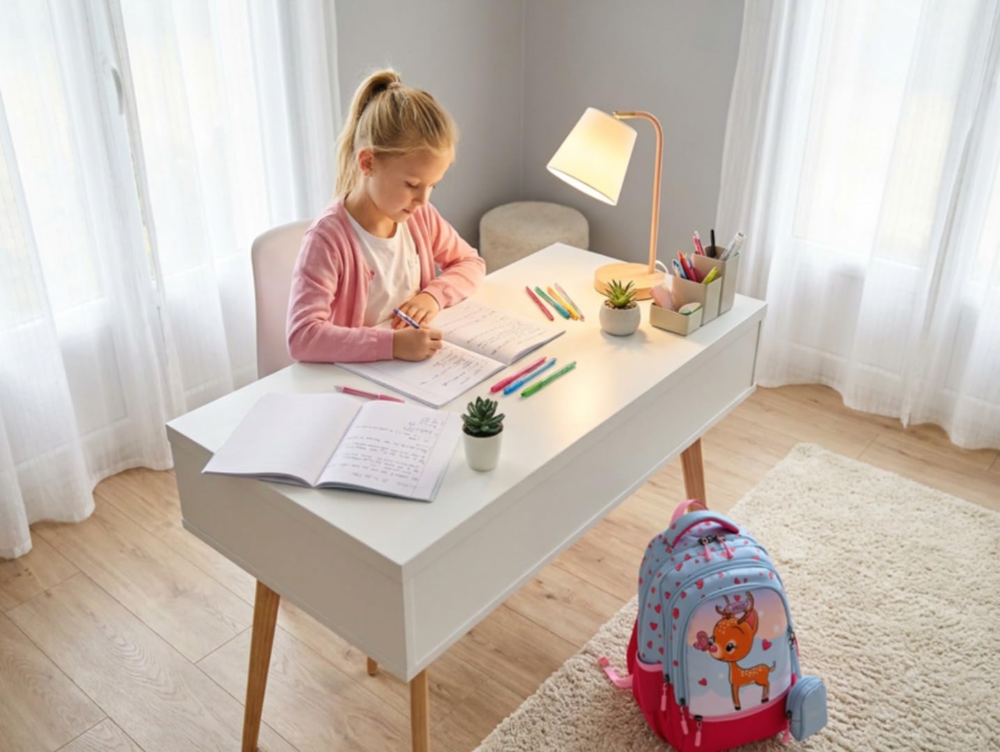 DACO Sac à Dos Scolaire Fille 38 cm – Cartable École Primaire Faon Kawaii avec Compartiments & Poches Latérales – Sac d’École Enfant Léger, Confortable & Grande Capacité Rose Bleu
