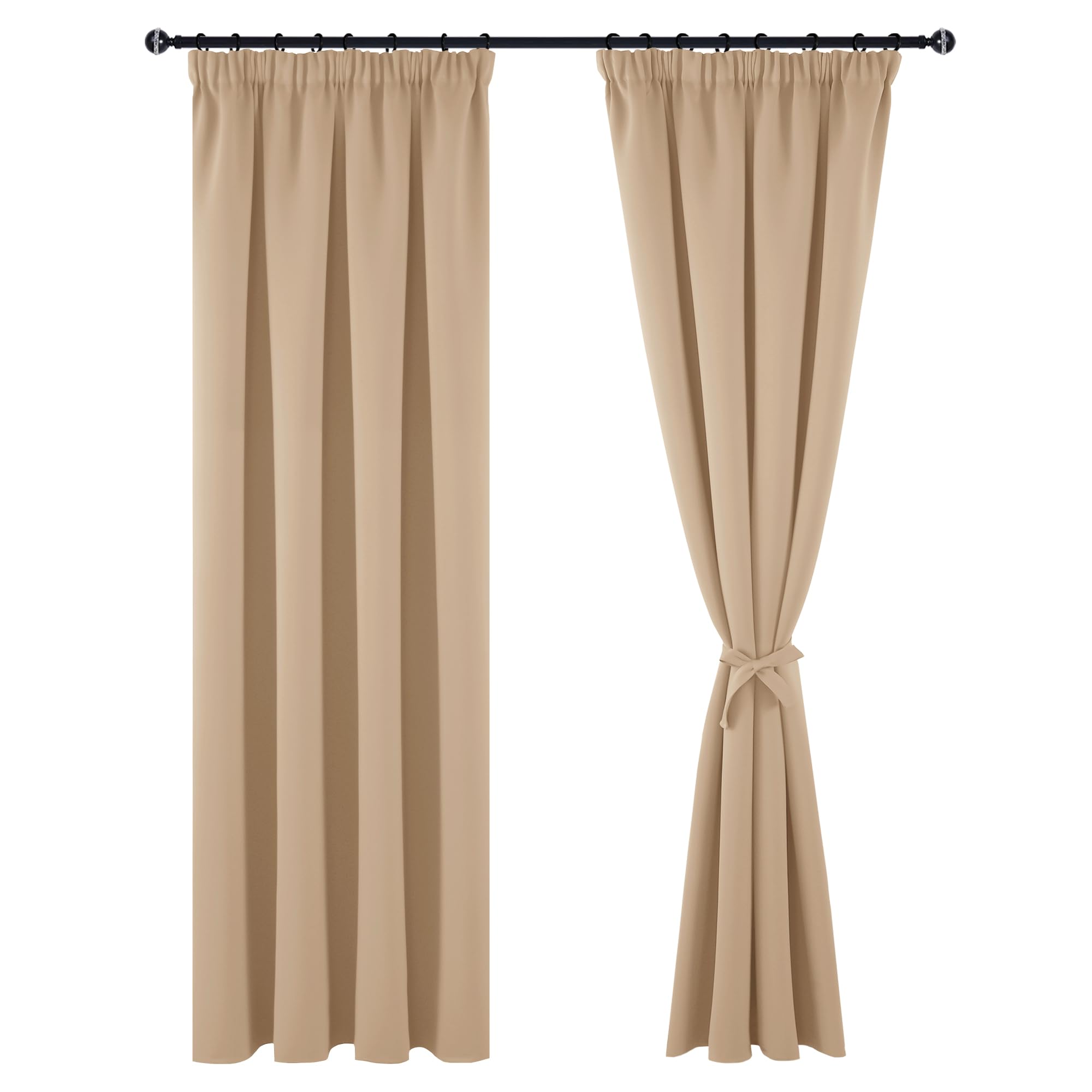 Hiasan Rideaux Occultants avec Galon Fronceur, 245 x 140cm (L x H), Beige | Thermiques et Protection anti Froid, Opaques pour Salon et Chambre à Coucher avec Embrasses, 2 Pieces