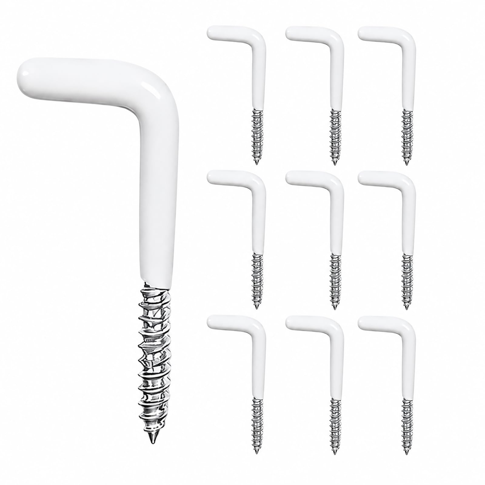 FortWeal Cup Hooks Screw in, M3.9 x 50mm 10 Pcs White Vinyl Coated L Shaped Self Tapping Square Shoulder Hooks, Screw in Hooks for Mugs, Dressers, Wall Hanging, Washing Line, Kitchen & Garden