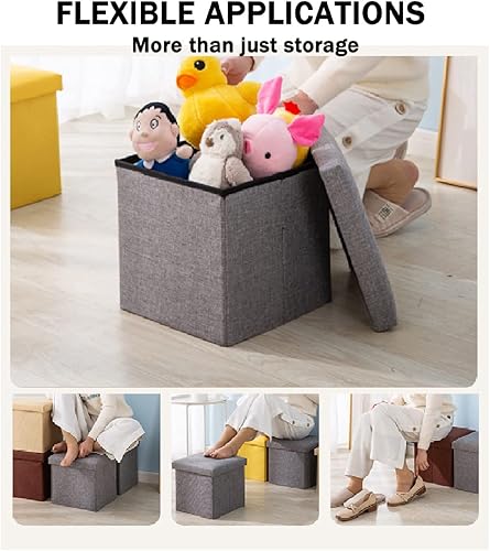 Miniatura 10 de ZLY Taburete plegable otomano de almacenamiento de tela de poliéster lino reposapiés asiento colección desorden 14 x 8 pulgadas Beige,Gris-oscuro
