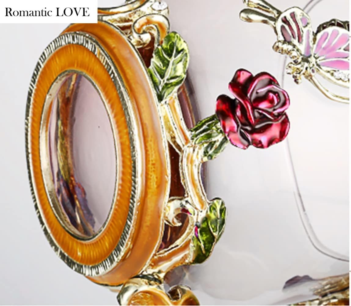 Romantic LOVE Set Mit 2 Ausgefallenen Teetassen, Kaffeetassen Aus Glas, 330 Ml ~ 350 Ml, Klarglastassen Mit Löffel, Set, Muttertagsgeschenke, Rosenblume, Emaille, Geburtstag (blau hoch rot kurz)
