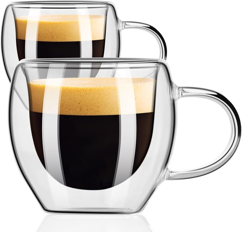 PARACITY Double Wall Glass Espresso Cups, 2.7 oz Expresso Shots, Set of 2 | Transparent borosilicate cups with handles are great espresso accessories for espresso, cappuccino, latte and cold drinks.