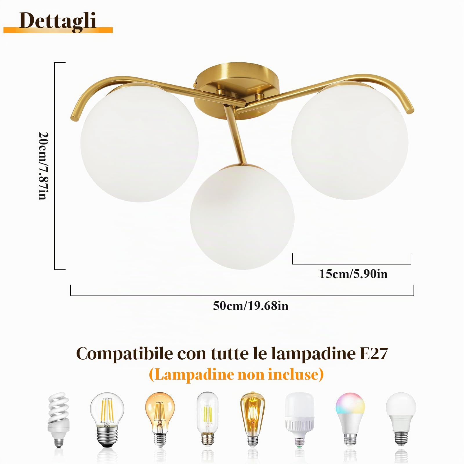 Lampada da Soffitto Oro, E27 Plafoniera da Soffitto a Semi-incasso in Vetro, Metallo Lampadario Moderno per Camera da Letto Soggiorno Cucina Sala da Pranzo Corridoio (Lampadine Escluse)