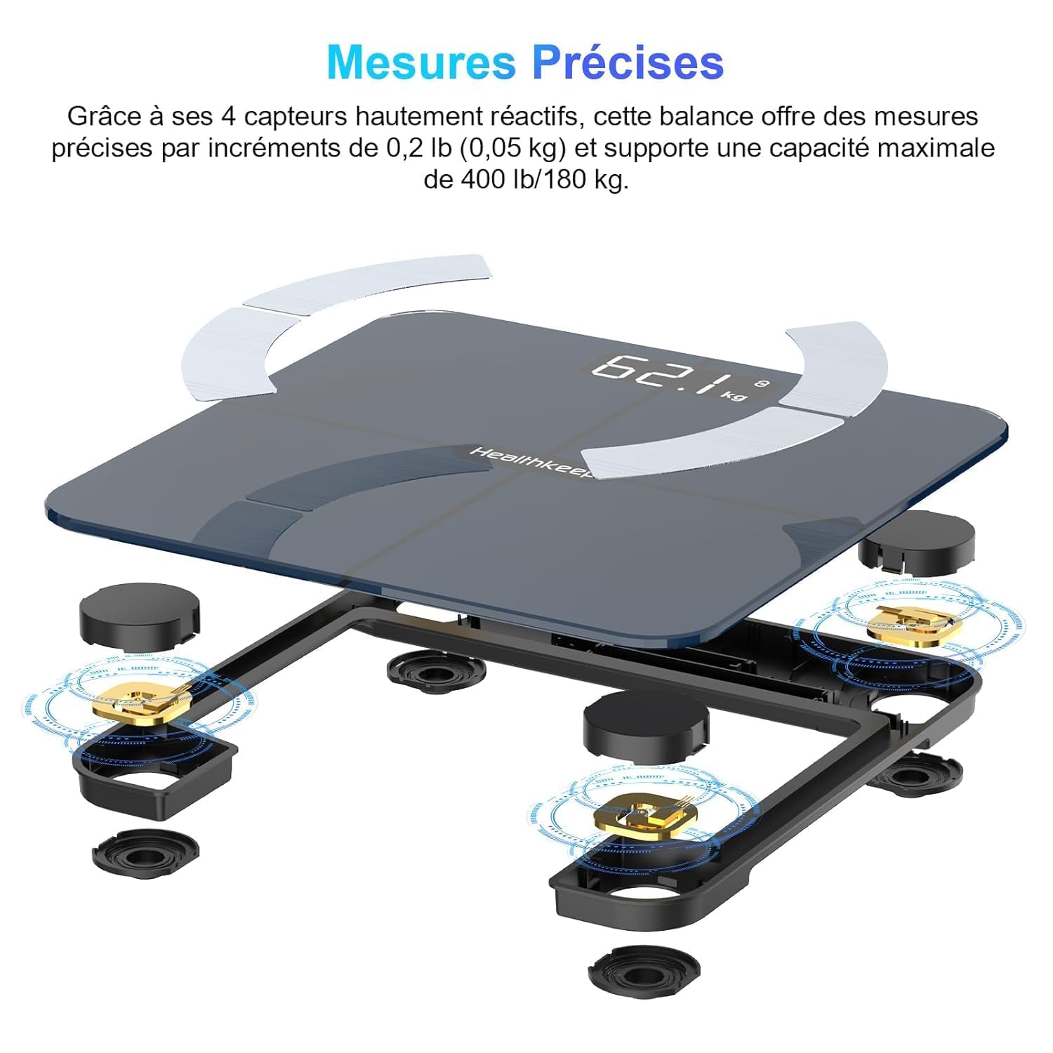Healthkeep Pèse Personne Numériques, Balance Connectée Bluetooth Impédancemètre avec 13 Données Corporelles (BMI/Graisse Corporelle/Masse Osseuse/BMR/Muscle/Eau) pour APP Max 180kg