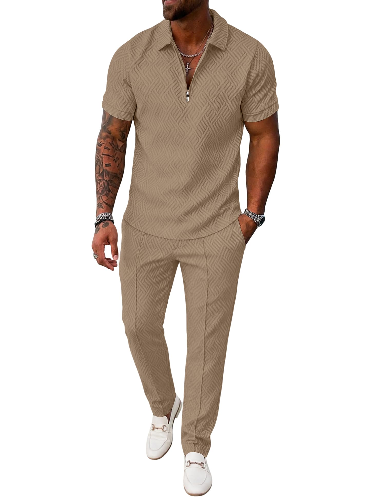 UOUA Mens 2 Piece Outfits 1/4 Zip Polo Casual Pants Summer Set Tracksuit