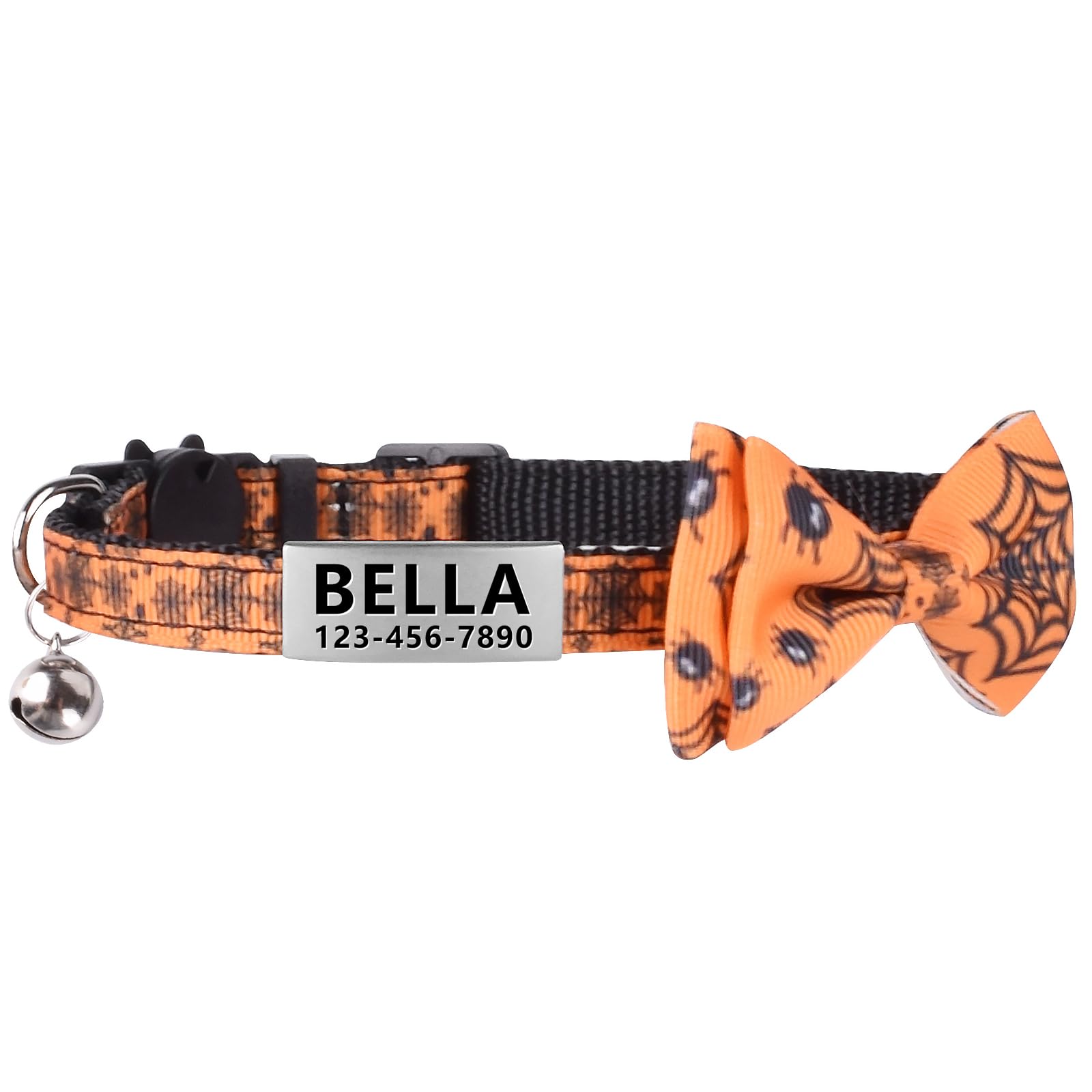 La Reine Personalized Cat Collar, Breakaway Halloween Kitten Collar with Cute Bow Tie & Bell, Stainless Steel Slide-on Pet ID Tag Engraved with Name &