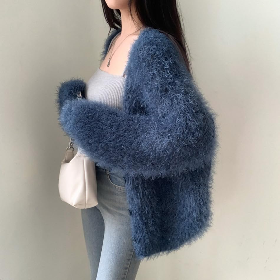 Image of Mohair Cardigan for Women - Fuzzy Open Front Oversized Faux Fur Coquette Sweater