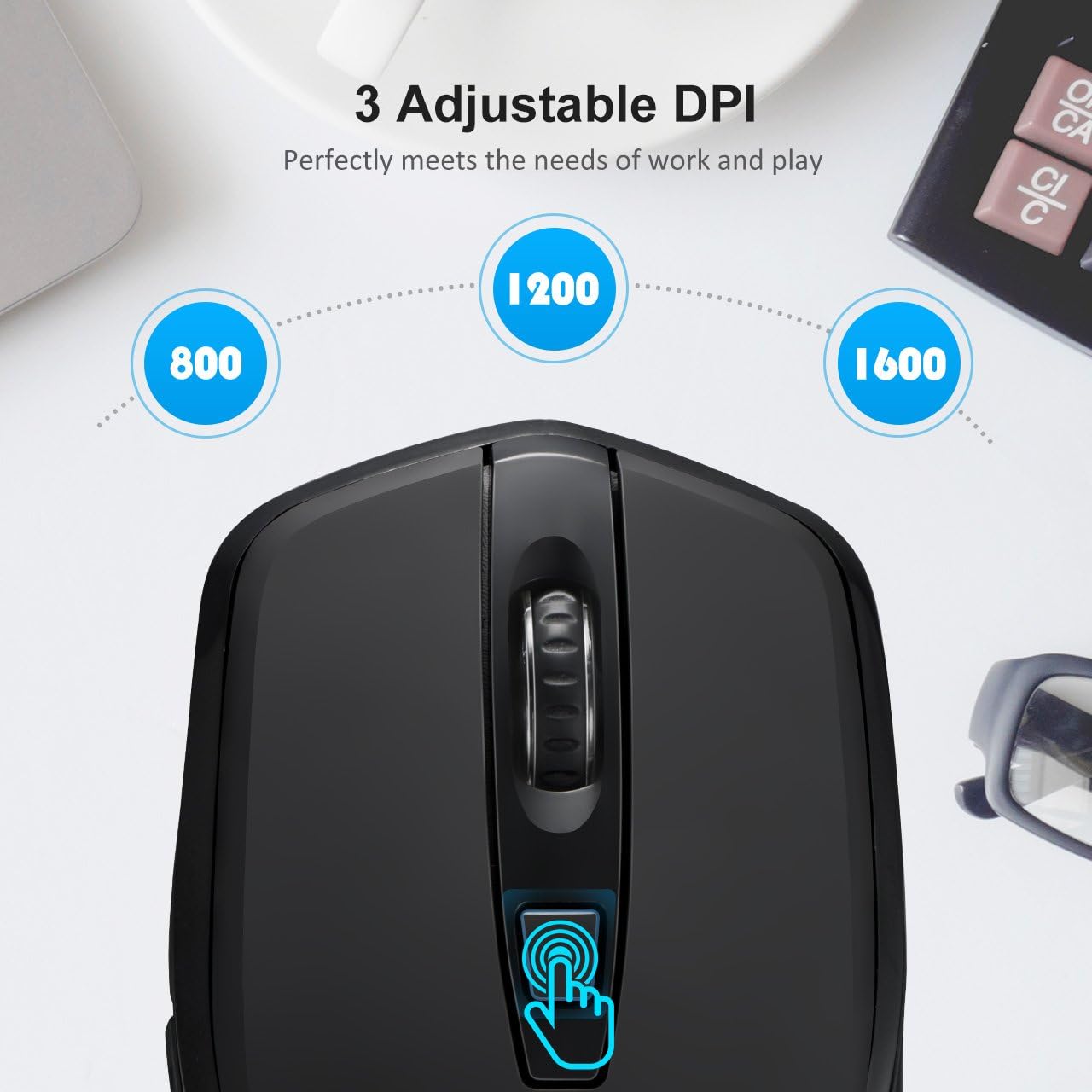 Yantop Wireless Mouse with indicators for 800, 1200, and 1600 DPI settings