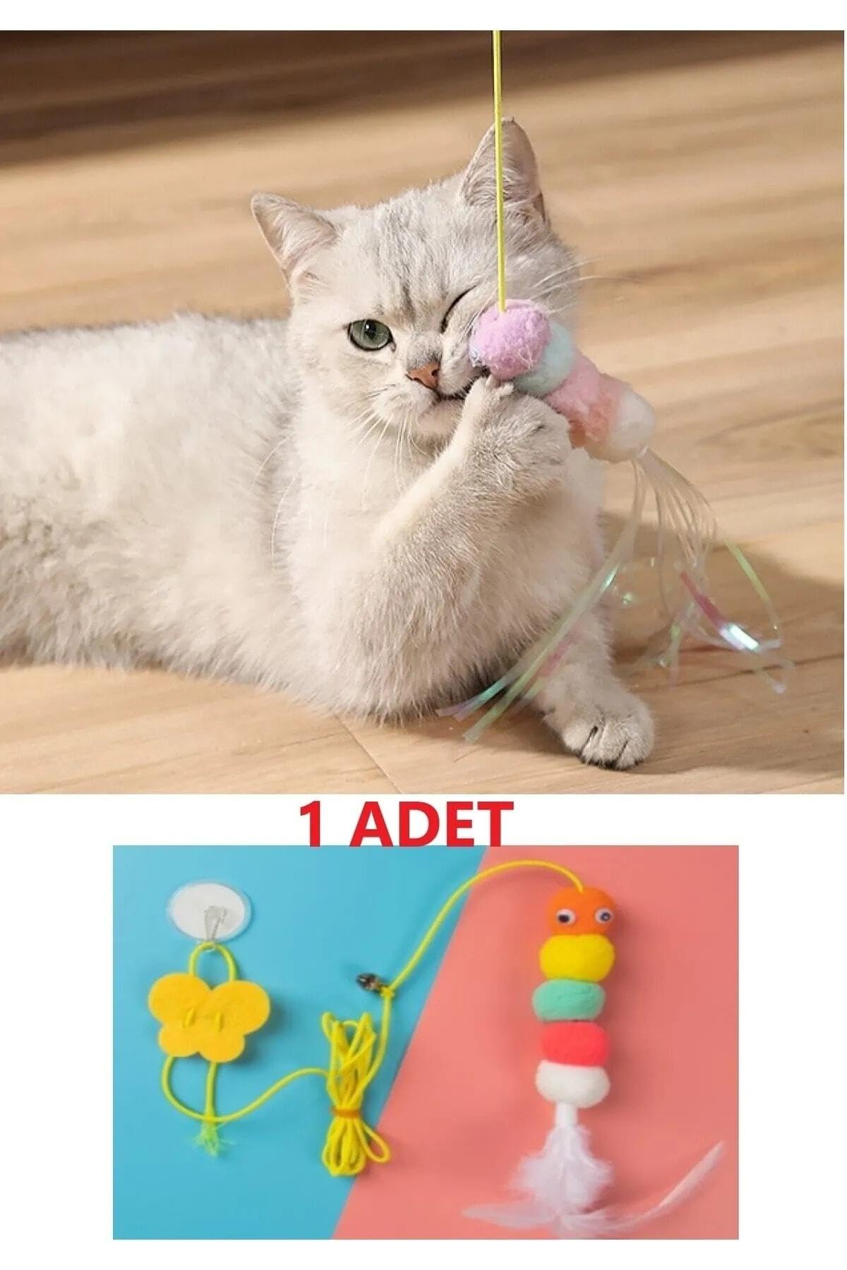 Tafce Elastik Kendinden Yapışkanlı Renkli Kedi Oyun Oltası Kedi Oyuncağı Yapışkanlı Olta Eğitim Oyuncağı