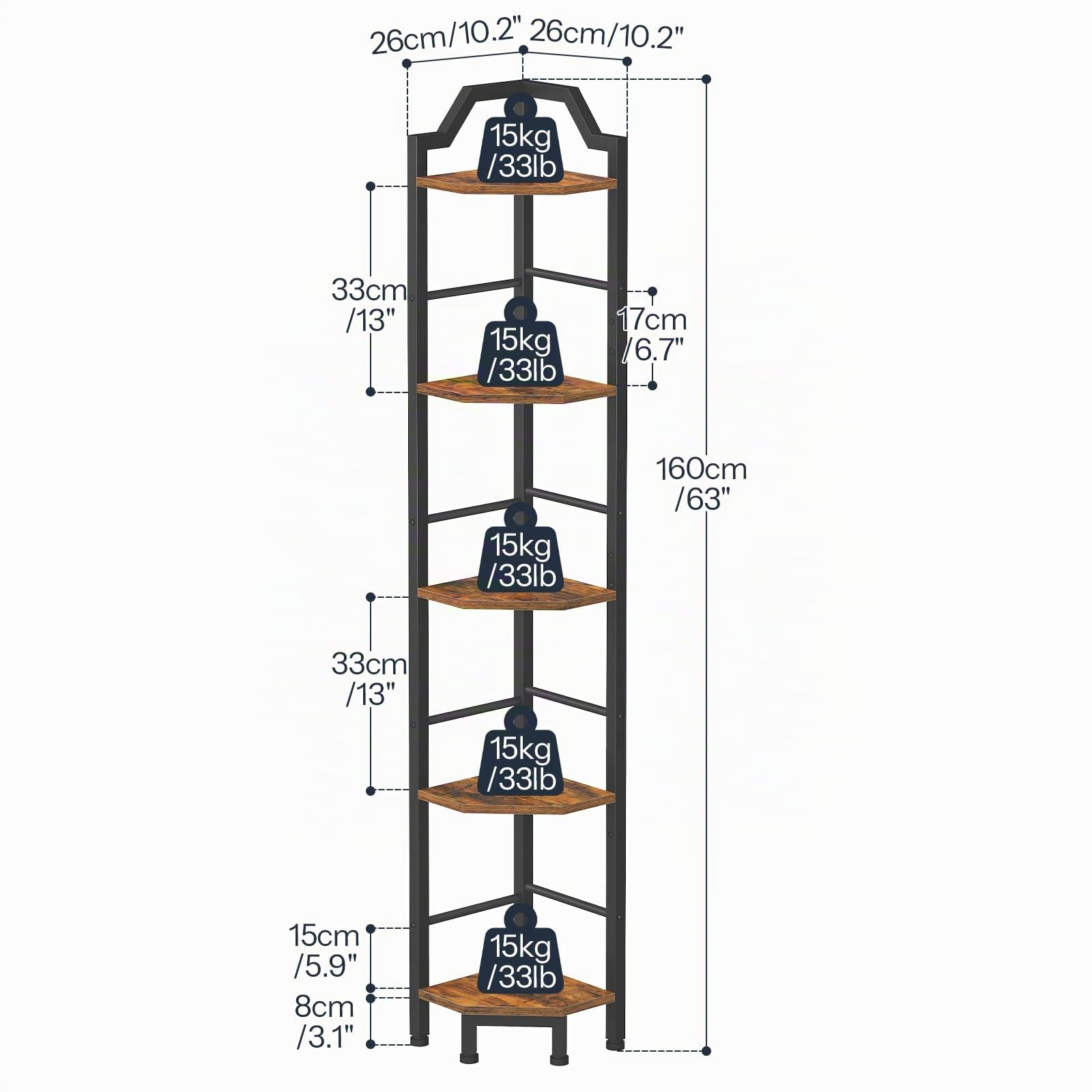 HOOBRO Scaffale Angolare a 5 Ripiani, Libreria Verticale da Angolo, Libreria Scaffale per Soggiorno, Camera da Letto, Studio, Cucina, Marrone Vintage e Nero EBF100CJ01