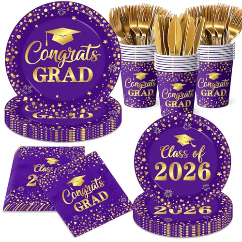 Graduation Plates and Napkins 2026 Purple and Gold Graduation Decorations Disposable Congrats Grad Paper Plates Napkins Cups for Class of 2026 Party Supplies Serve 25