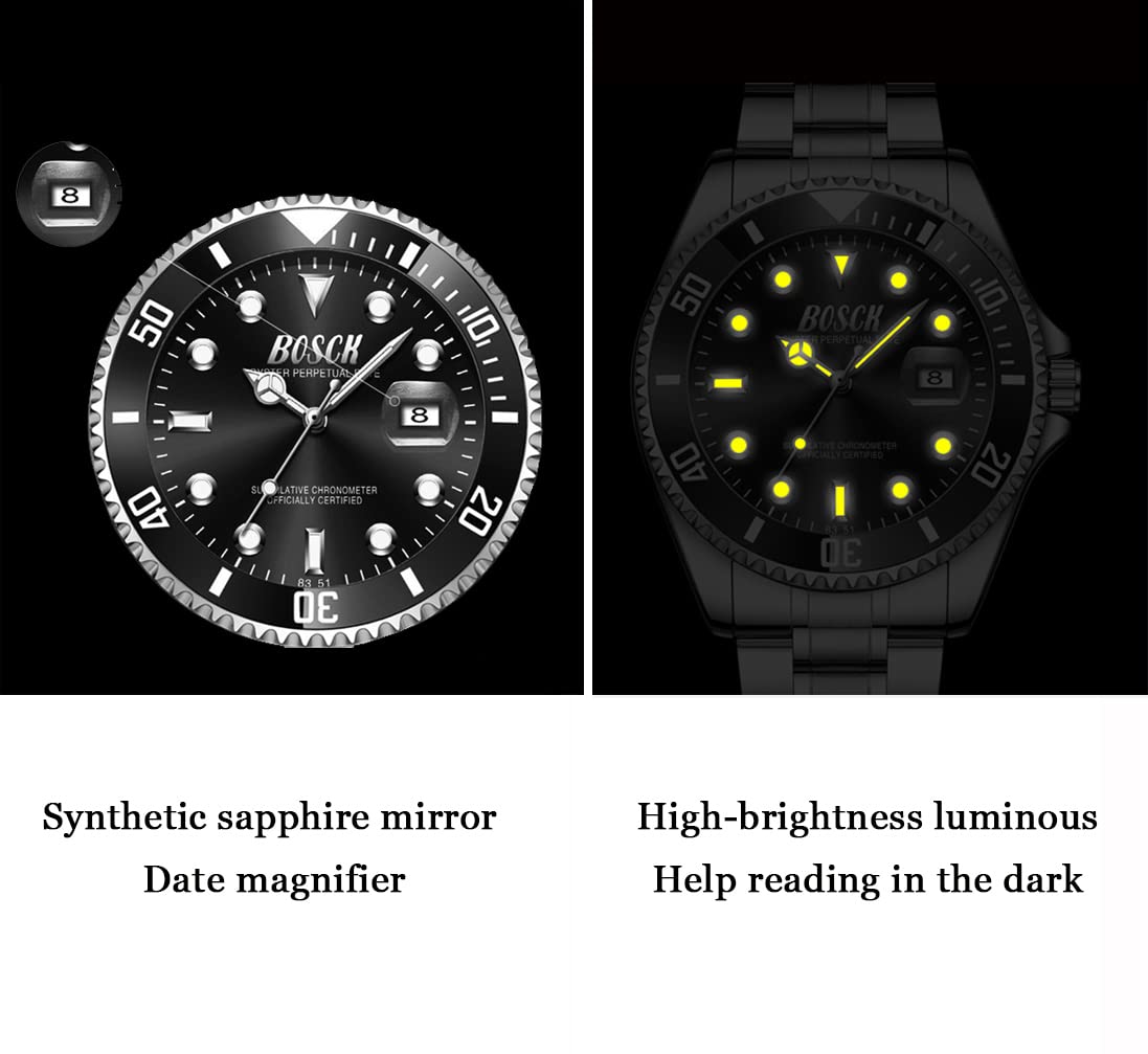 BOSCK Watches for Men,Analog Mens Watch 44mm Large Face Easy Read Stainless Steel Business Watch,Luminous Classic Luxury 30M Waterproof Mens Wrist Watches