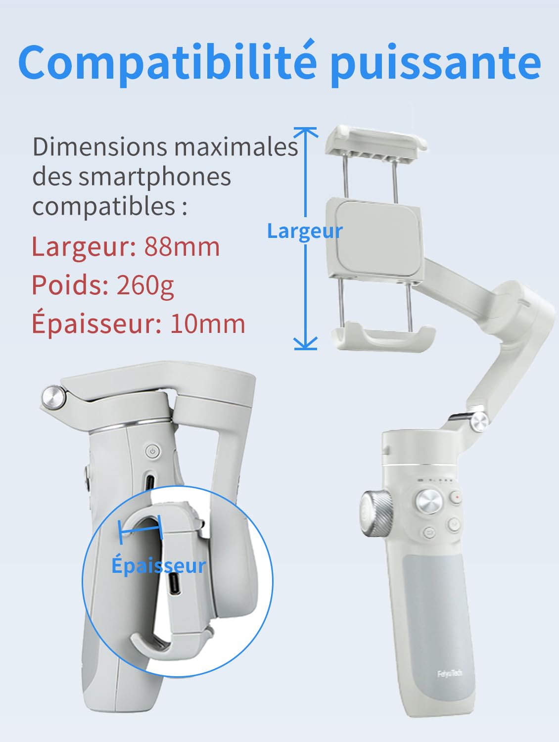 Feiyutech VB4 Kit Stabilisateur Smartphone avec Suivi 3 Axes,Traceur Magnétique AI 2-en-1&Lumière de Remplissage ACC.,Tige d'extension de 216mm,Charge utile de 260g,Stabilisateur pour iPhone/Android