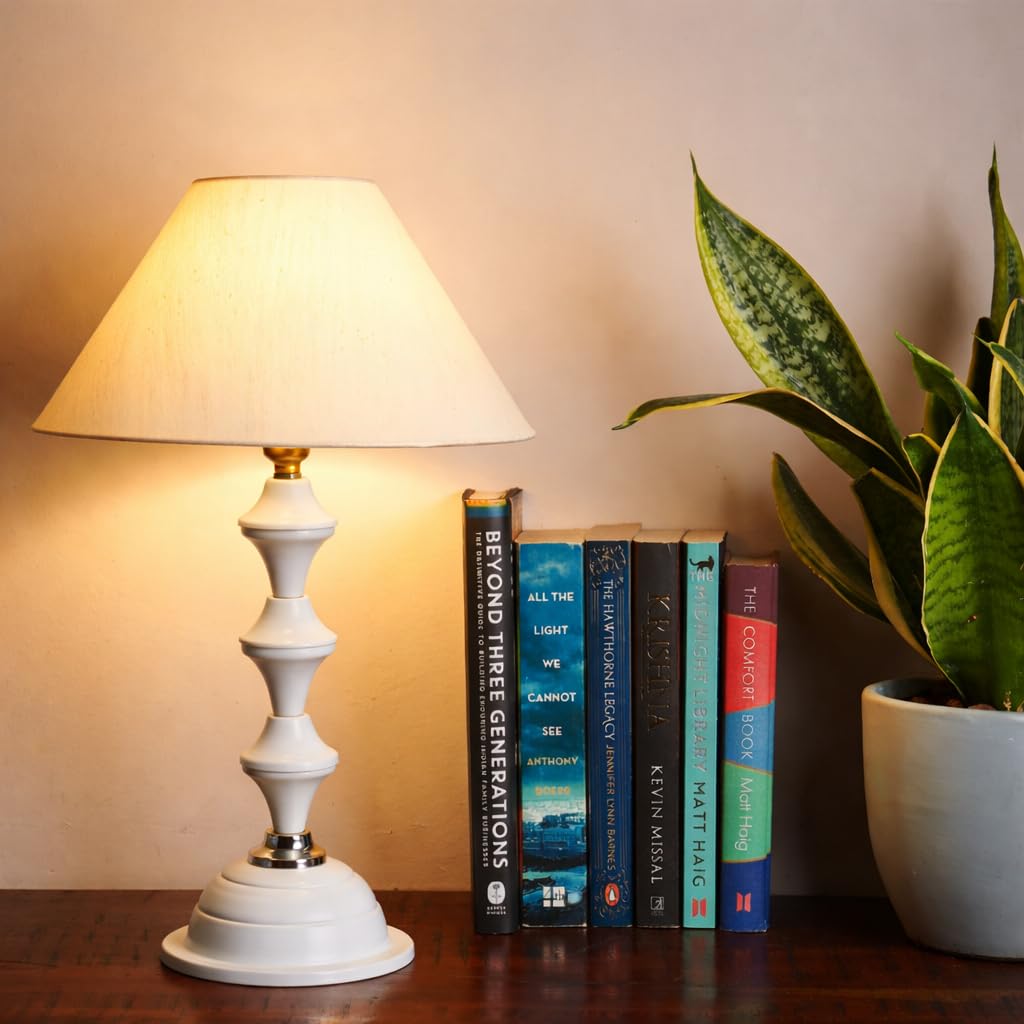 Lexton White Metal Pillar Table Lamp | Bed Side Lamp for Bedroom | Living Room | Home Decoration | Gifting Purpose | Bulb Not Included (Beige Shade Pack of 1)-image-4