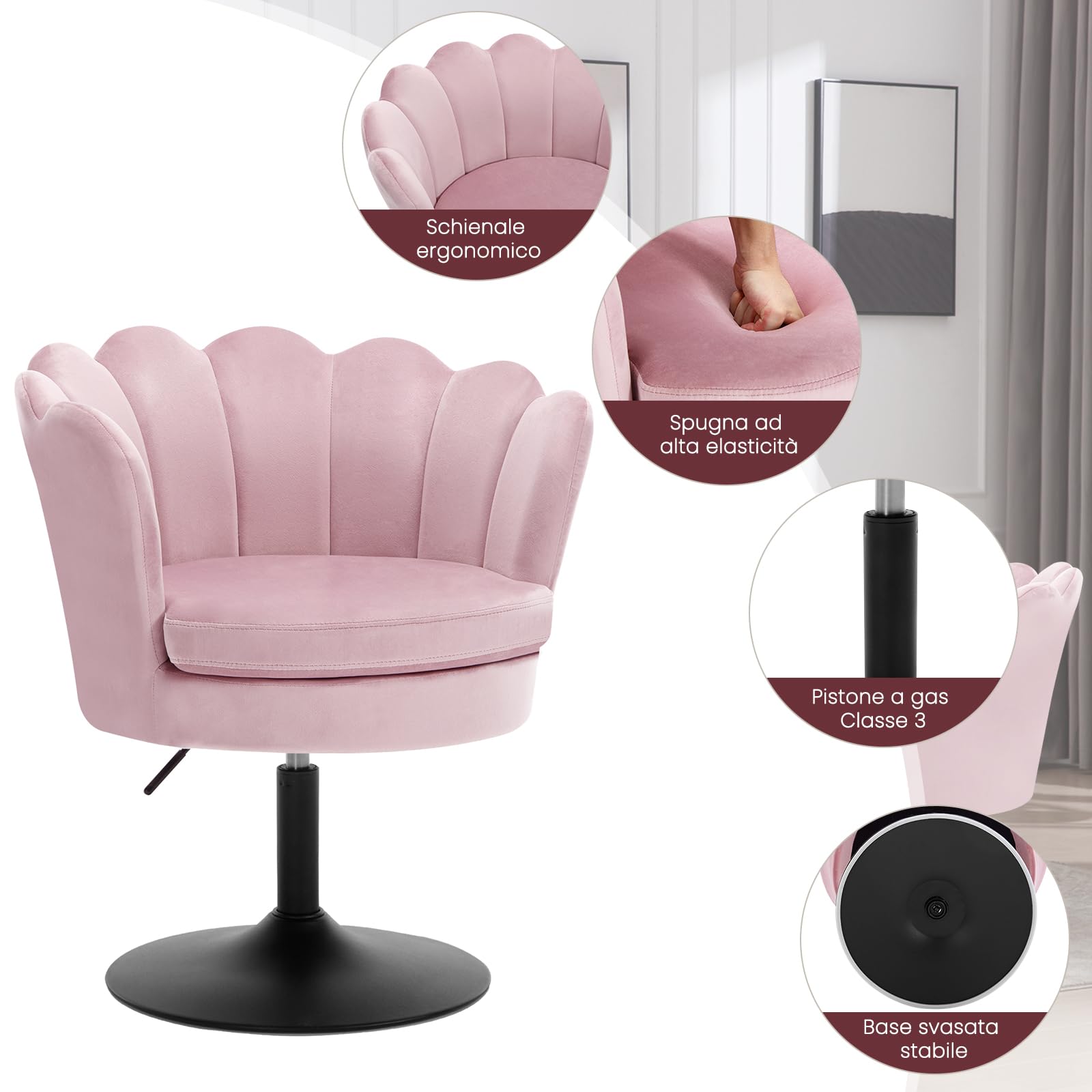 WOLTU Sedia da Trucco, Sgabello Cucina, Poltrona con Seduta a Forma di Fiore, Girevole a 360°, Sedia in Velluto per Camera da Letto, Soggiorno, Altezza Regolabile 43-55 cm, Rosa