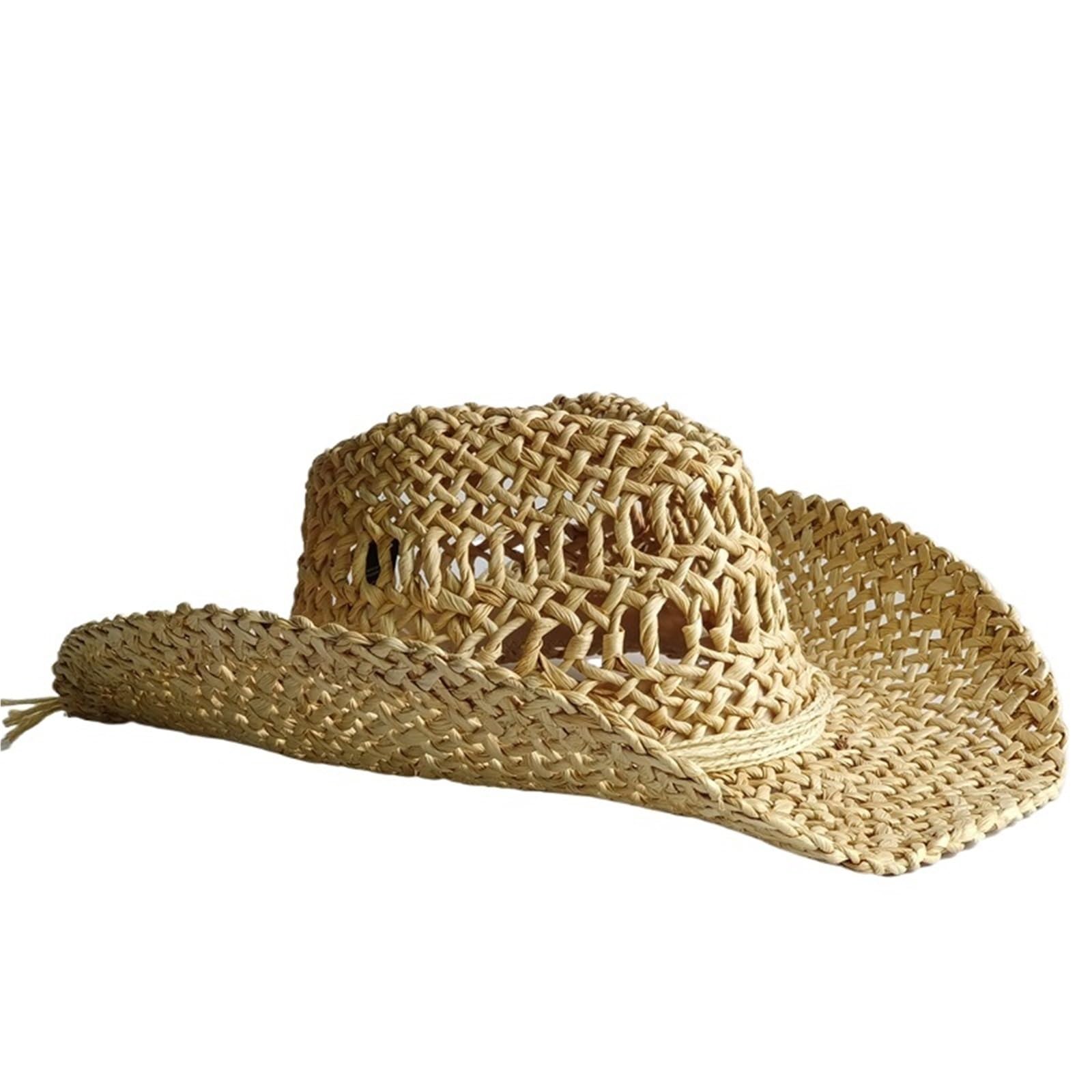 cappello paglia cowboy Cappello di paglia Boho vintage da spiaggia estiva | Donna Uomo Cappelli da cowboy occidentali Perline di legno Scava fuori il cappello da sole