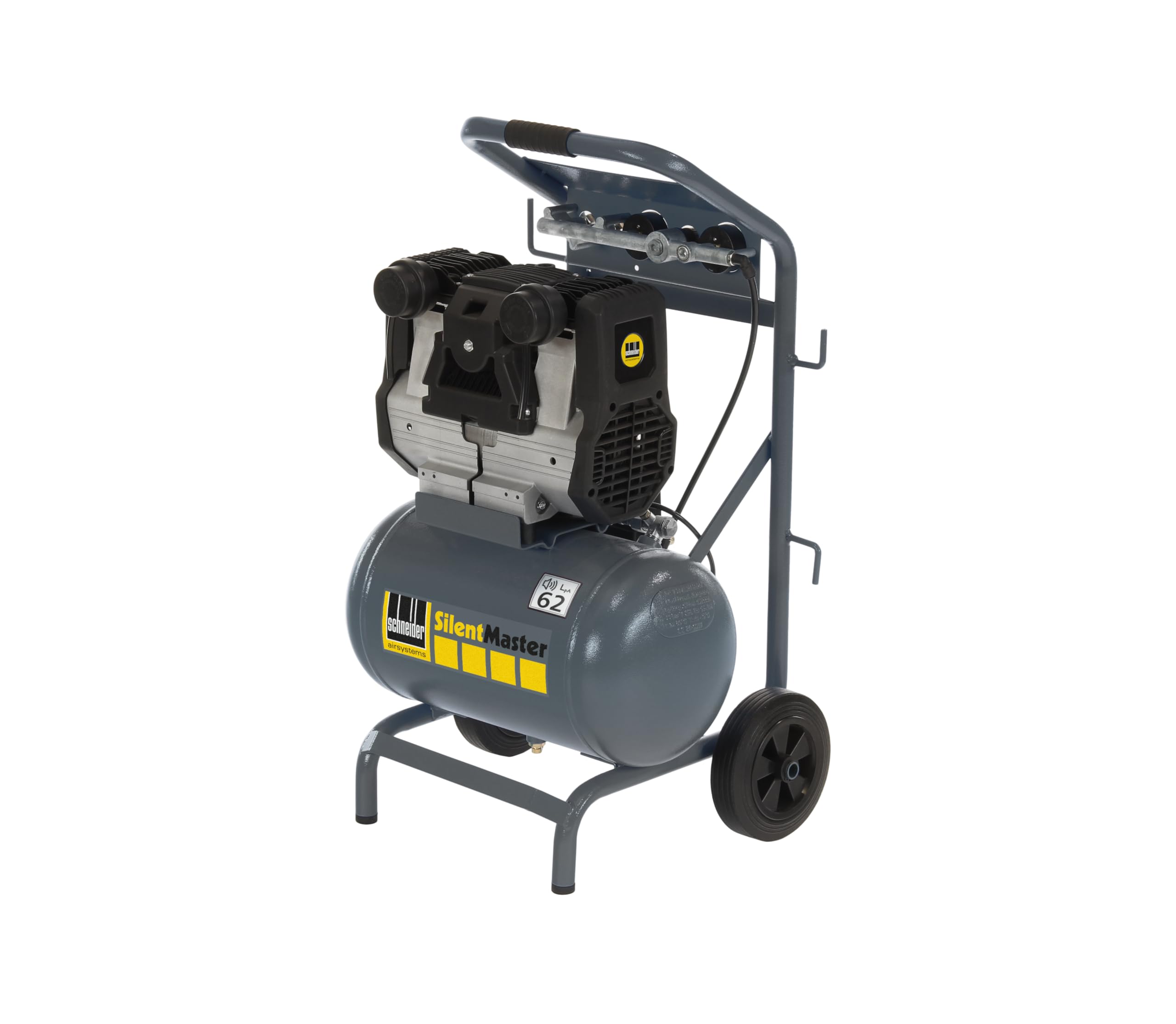 SCHNEIDER SILENTMASTER Leicht zu transportierender Luftkompressor 20 Liter Ölfrei Maximaler Druck 9 Bar Leistung: 2 PS Geräuschpegel: 62 dB LwA