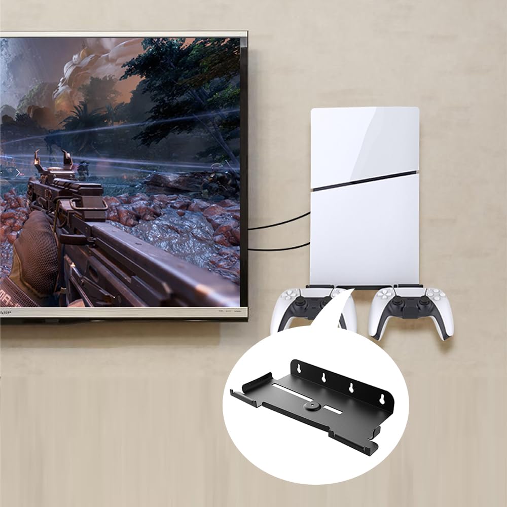 PS5 uchwyt ścienny - PS5/PS5 Slim uchwyt konsoli z 2 uchwytami na kontroler, stalowy stojak ścienny