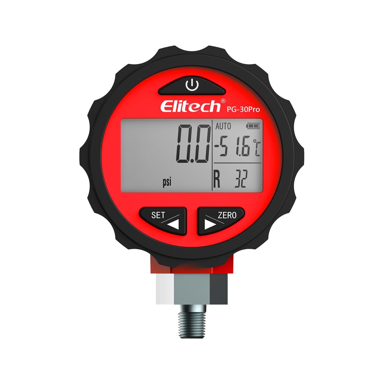 Elitech Misuratore di Pressione PG-30Pro -14.5~800 Psi Manometro Digitale di Alta Pressione per Refrigerazione e Condizionamento Con Retroilluminazione, 87 Refrigeranti 1/8 NPT (Rosso)