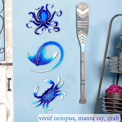 Vista 5 de Weibefee Decoración de pared de metal, pulpo, cangrejo, manta raya, océano náutico costero, decoración de Navidad, conciso de 9 pulgadas, juego de 3