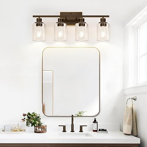 Miniatura 36 de Lámparas de baño de 3 luces, luces de tocador de latón para baño con pantallas de vidrio transparente, modernos apliques de pared de baño