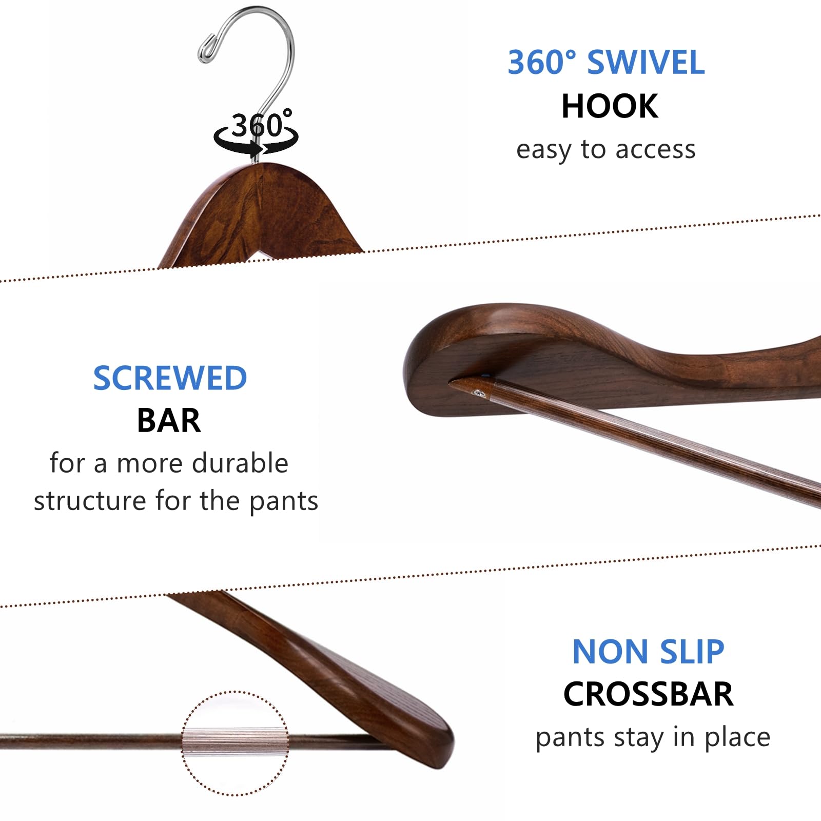 Amber Home Confezione da 6 grucce in legno di noce, a spalla larga, con barra antiscivolo per pantaloni, giacche, vestiti e maglioni, finitura liscia, per vestiti pesanti