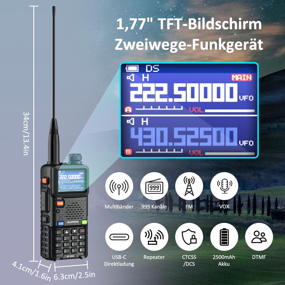 BAOFENG 5RM Dualband Funkgerät für UHF VHF Lizenziert erforderliches Amateurfunkgerät Leistungsstarkes Handfunkgerät Große Reichweite 999 Kanäle FM Radio VOX DTMF Walkie Talkie mit 2500mAh Akku