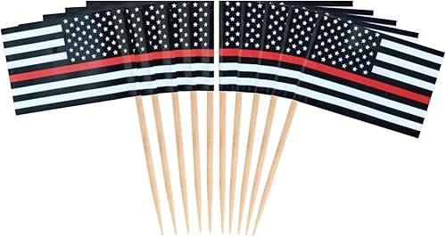 JAVD 100 unidades de bandera de palillo de dientes de bomberos de línea roja delgada de EE. UU. para fiestas de día militar, eventos, suministros de