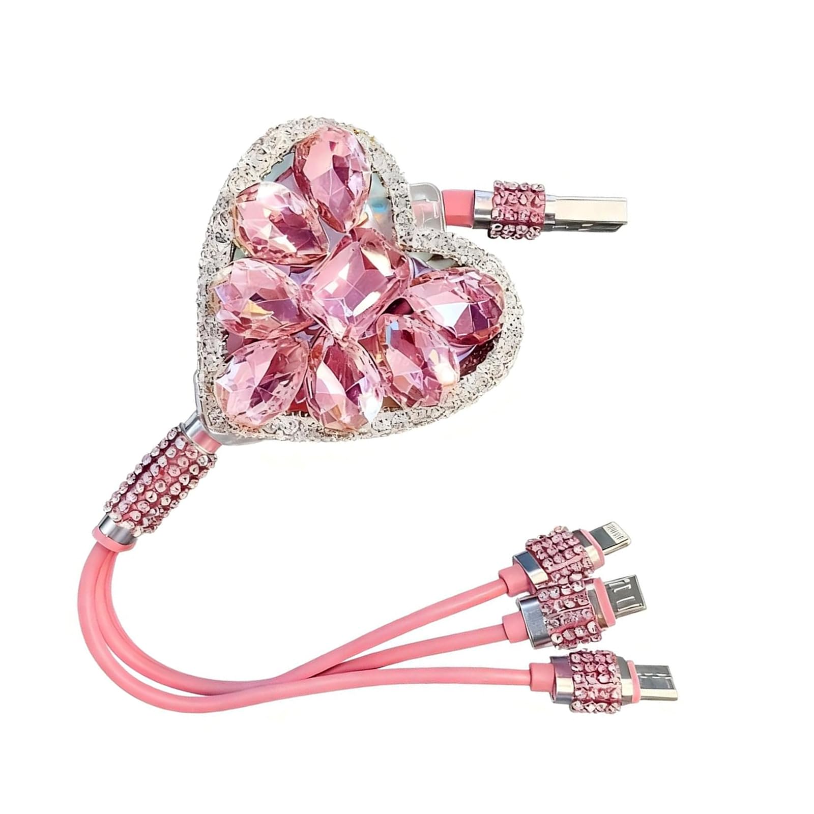 Zosgrew Car Retractable Multi Charging Cable, 3 in 1 Fast Charger Cord, Heart-shaped Diamond-studded Car Charger Cable, Stylish for Women, Compatible with Phone, Tablets (Pink)