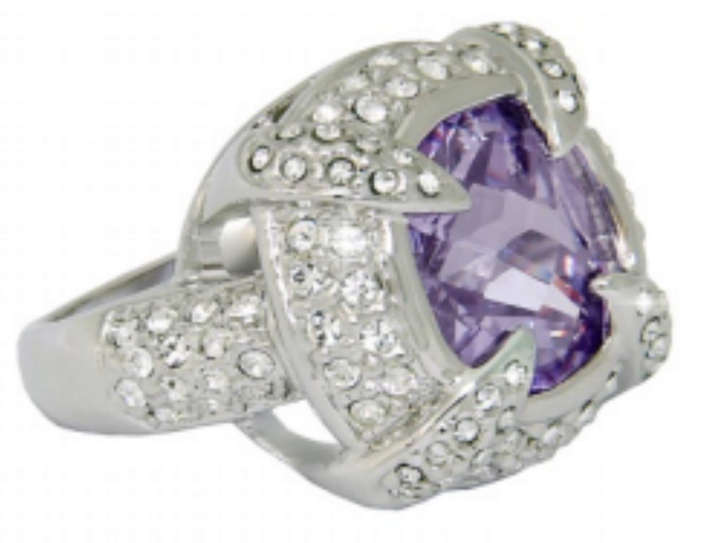 Camille LucieRing That It Features A Large Amethyst-Colored Stone at Center, Embellished with Clear Crystals