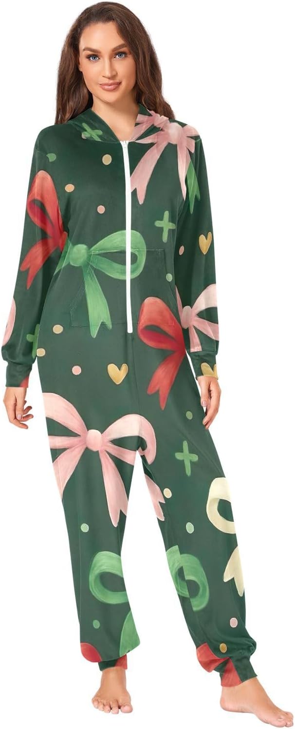 GAIREG Red Green Christmas Bows Adult Womens Hooded One-Piece Pajamas, Zipper Onesie Adult Christmas Pajamas