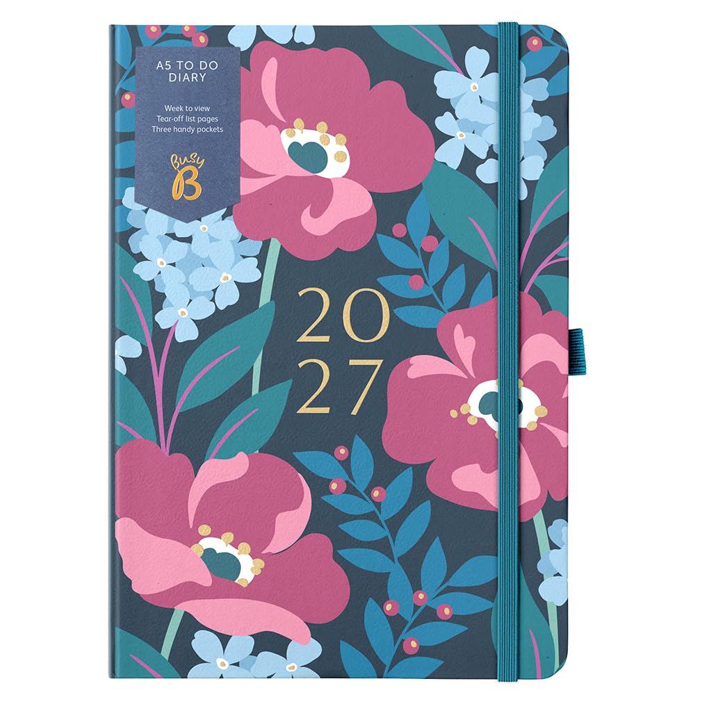 Busy B 2027 A5 Weekly Planner Diary - Charcoal Floral - 3 Pockets