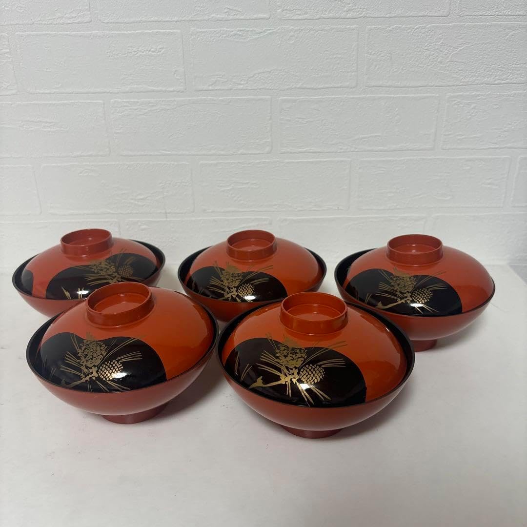 輪島塗 朱塗り 吸物椀5客 輪島塗 朱塗り 吸物椀5客 輪島塗 朱塗り