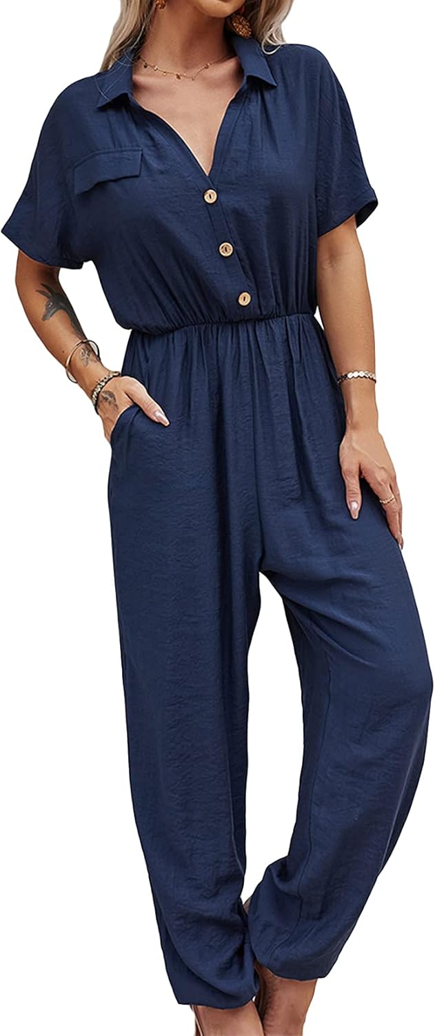 Lu's Chic Women's Short Sleeve Jumpsuit V Neck Summer Rompers Loose Solid Long Pants Jumpers