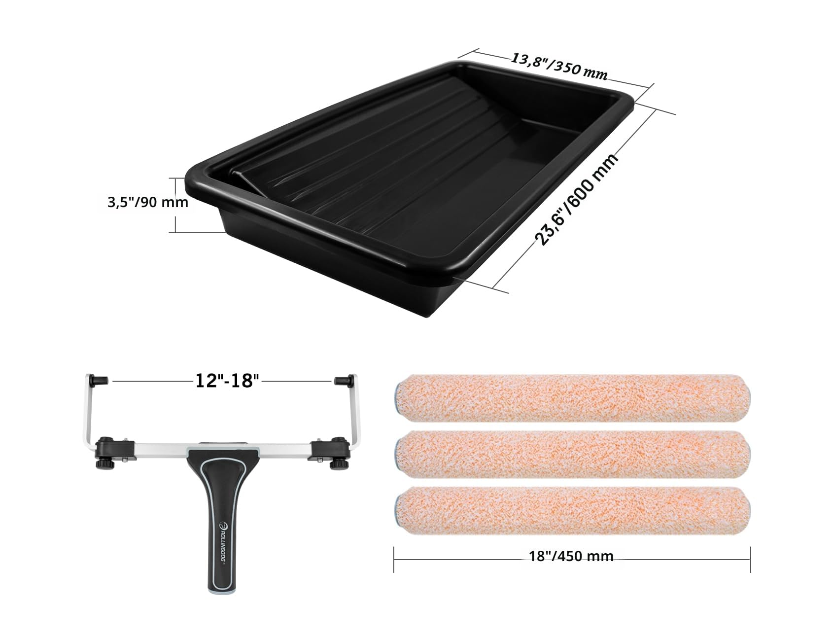 ROLLINGDOG Lot de 3 Grands Rouleaux de Peinture de 45,7 cm – Cadre de Rouleau de Peinture de 45,7 cm, Manchons de Rouleau de Peinture en Microfibre (Lot de 3), Grand Plateau de Rouleau de Peinture