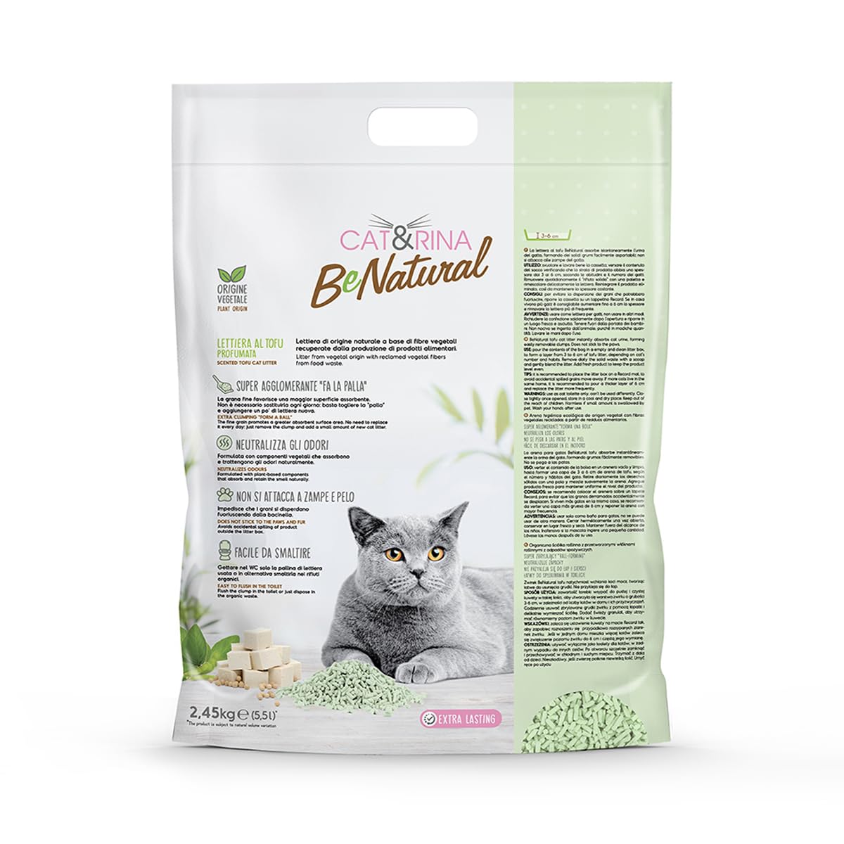 Cat&Rina BeNatural, lettiera per gatti al tofu da 5,5l Agglomerante e Vegetale. Fino a 30 giorni di utilizzo. Si smaltisce nell'organico o nel wc. Sabbia gatti anti odore Tè Verde, 6 pezzi