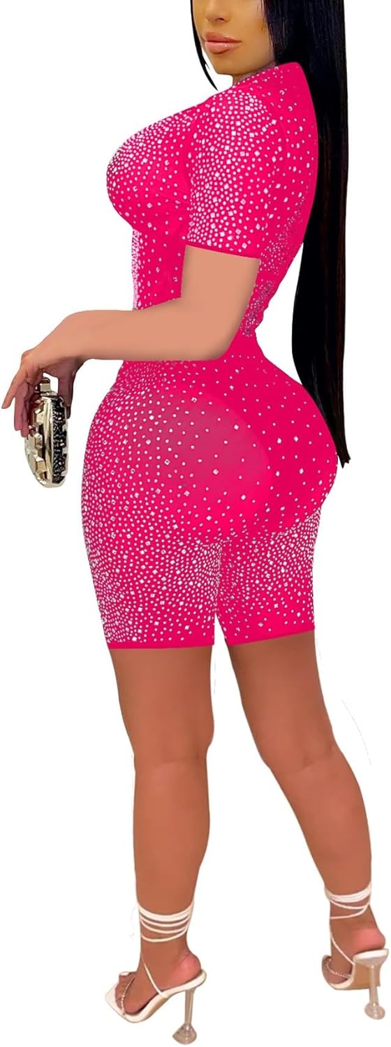 女性のナイトクラブ 2 ピース衣装セクシーなメッシュジッパー閉鎖半袖クロップトップとラインストーンボディコンショーツセット (Col