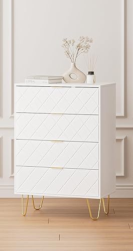 Miniatura 8 de Masupu Cómoda de 4 cajones, cajón, armario de almacenamiento alto con manos y patas de metal dorado, cómoda pequeña para dormitorio, sala de estar,