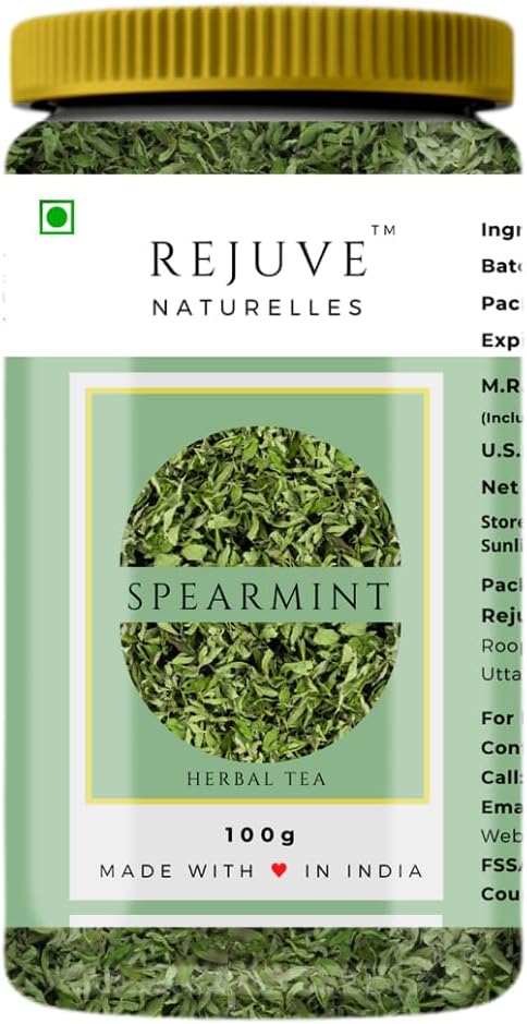 Rejuve Naturelles Premium Spearmint Tea | Freshly Packed And Natural Herbal Tea For Pcos,Pcod | Caffeine-Free | Premium Pet Jar (100 Gram)