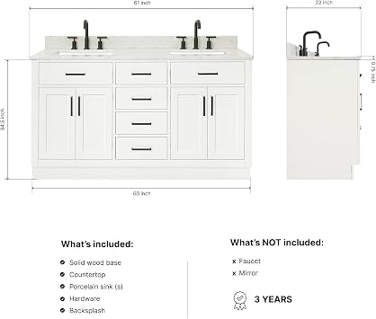 DKB Isabella 60-Inch White Double Bathroom Vanity with Solid Wood Base, Carrara Marble Countertop & Backsplash, 2 Rectangular Undermount Sinks, 4 Soft Closing Doors, 6 Dovetail Drawers
