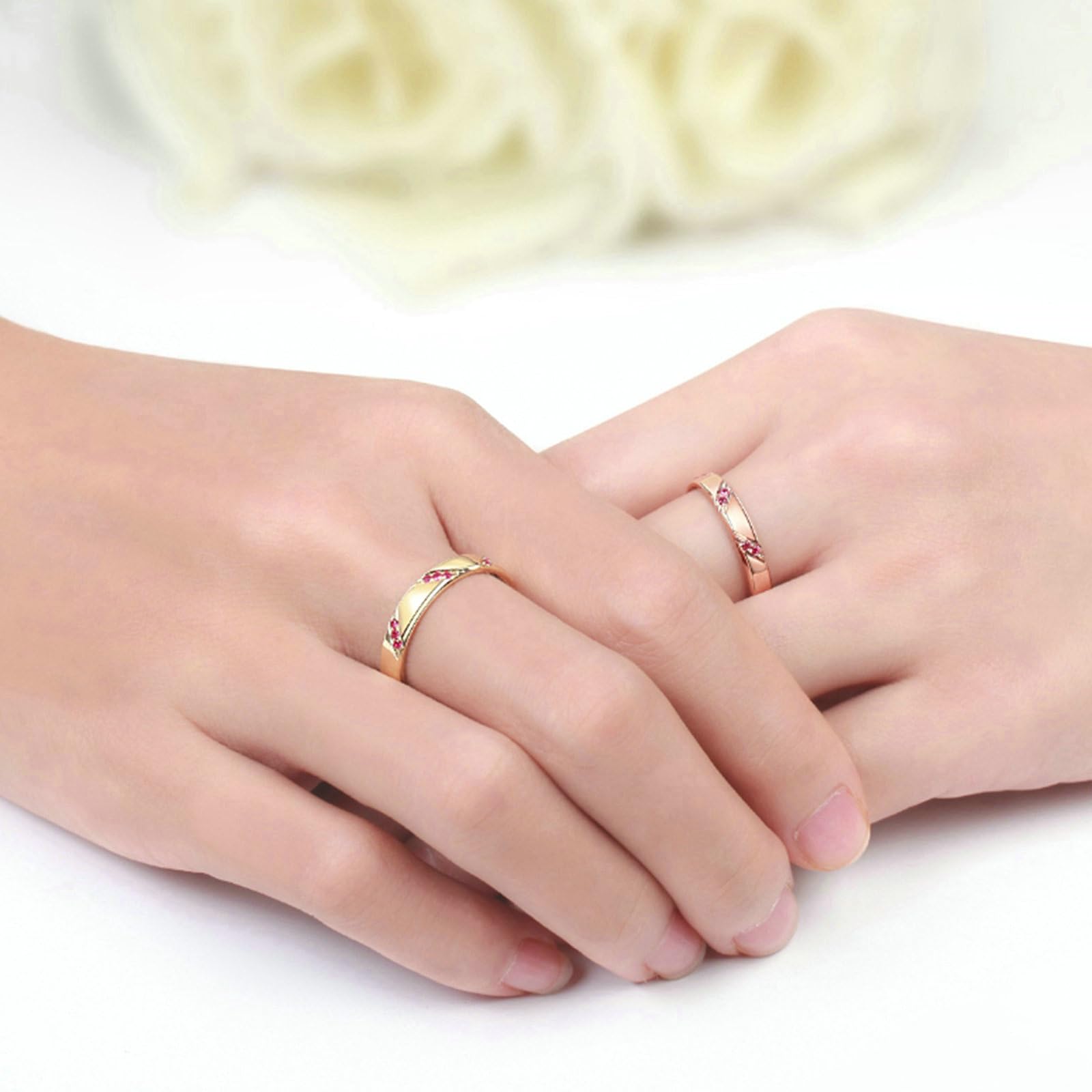 Frauen Ring Silber 925, Verlobungsring Damen Schlichter Streifen Design mit Rund Labor Erstellt Rubin Eheringe Hochzeitsringe Verlobungsringe Trauringe Rosegold