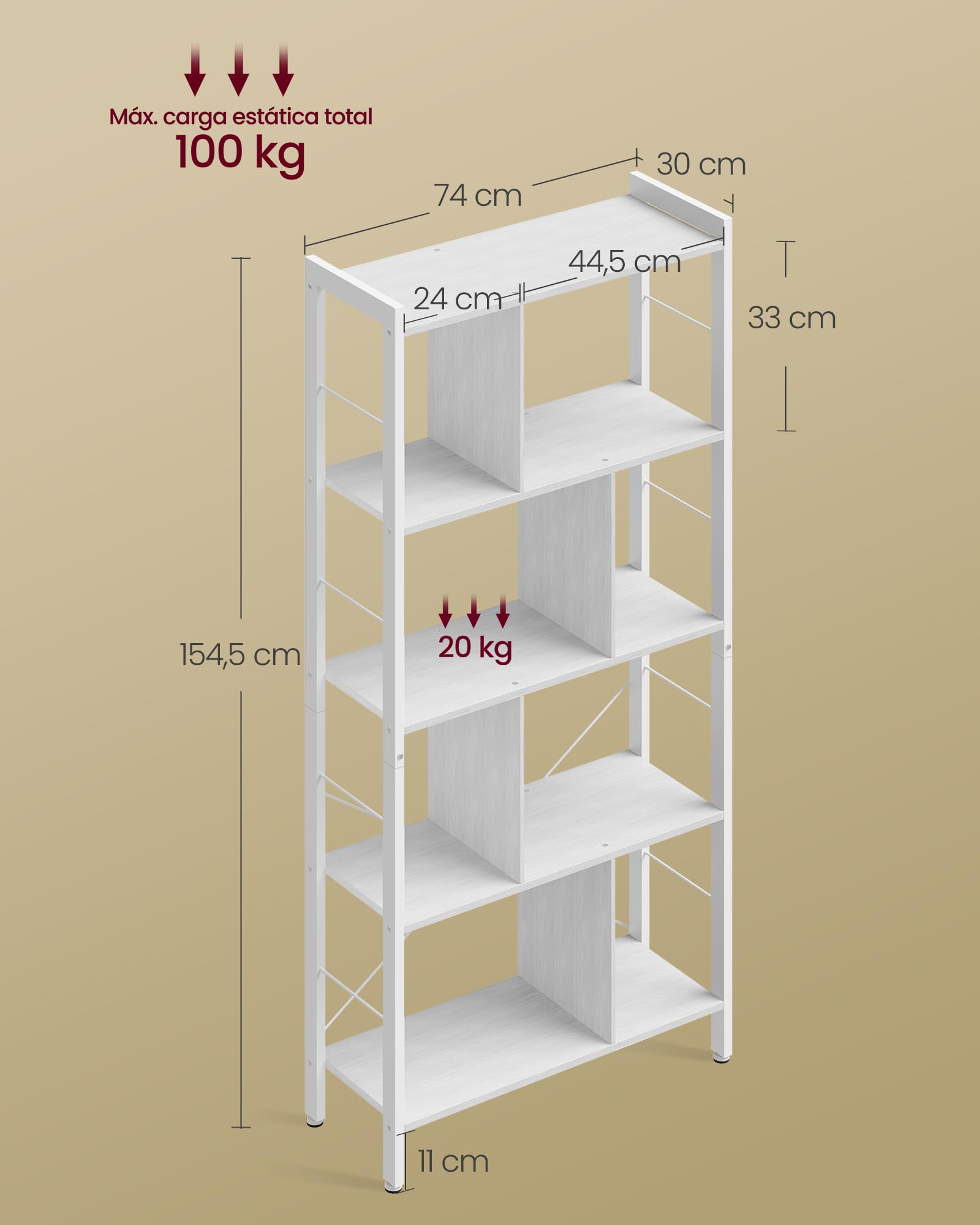 VASAGLE Librería, Estantería de Almacenamiento de 5 Niveles, Organizador de Oficina de Estudio, con Compartimentos, para Salón, Estilo Moderno, Blanco Arce y Blanco Nube LBC012W44