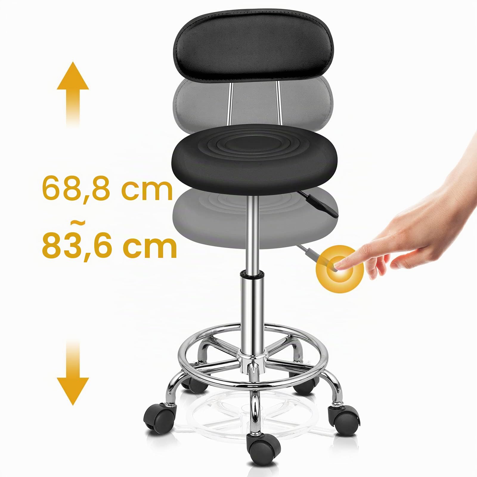 Bonnlo Rollhocker Arbeitshocker Bürohocker Höhenverstellbar mit Rückenlehne Drehhocker für Büro/Salon/Bar, Kunstleder Schwarz mit Rückenlehne