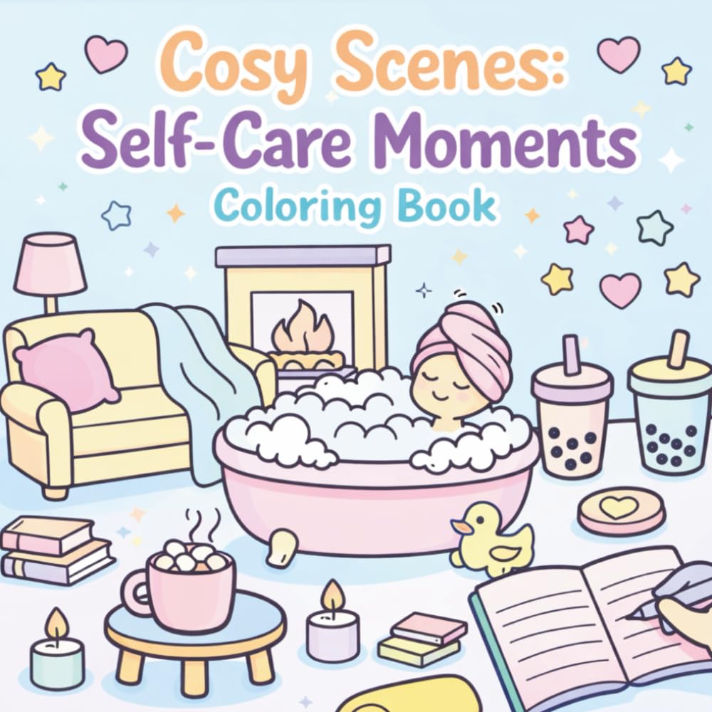 Cosy Scenes: Self-Care Moments Coloring Book: Stress-relief coloring for adults