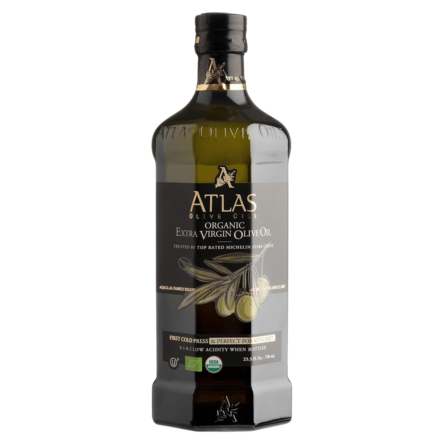 Close-up view of the dark glass bottle of Atlas Organic Extra Virgin Olive Oil, highlighting its premium packaging.