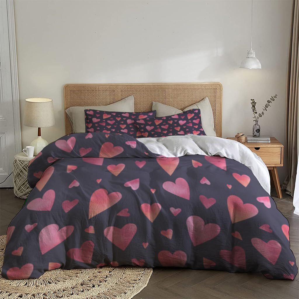 NIBAINLO 布団カバー暗い背景にピンクのハート 肌に優しい ピーチスキン加工 掛け布団カバー 和式 洋式 あったか 布団カバーセット リバーシブル ホームステイ ホテル 家庭兼用