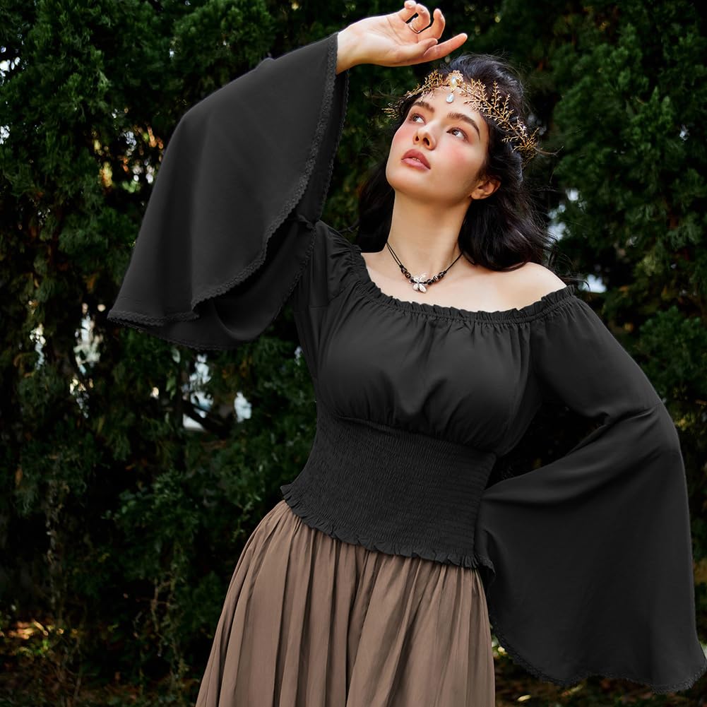 SCARLET DARKNESS Ladies Plus Size Pirate Medieval Tops for Women Renaissance Off The Shoulder Smocked Bell Long Sleeve Gothic Victorian Blouse Black XL - Image 4
