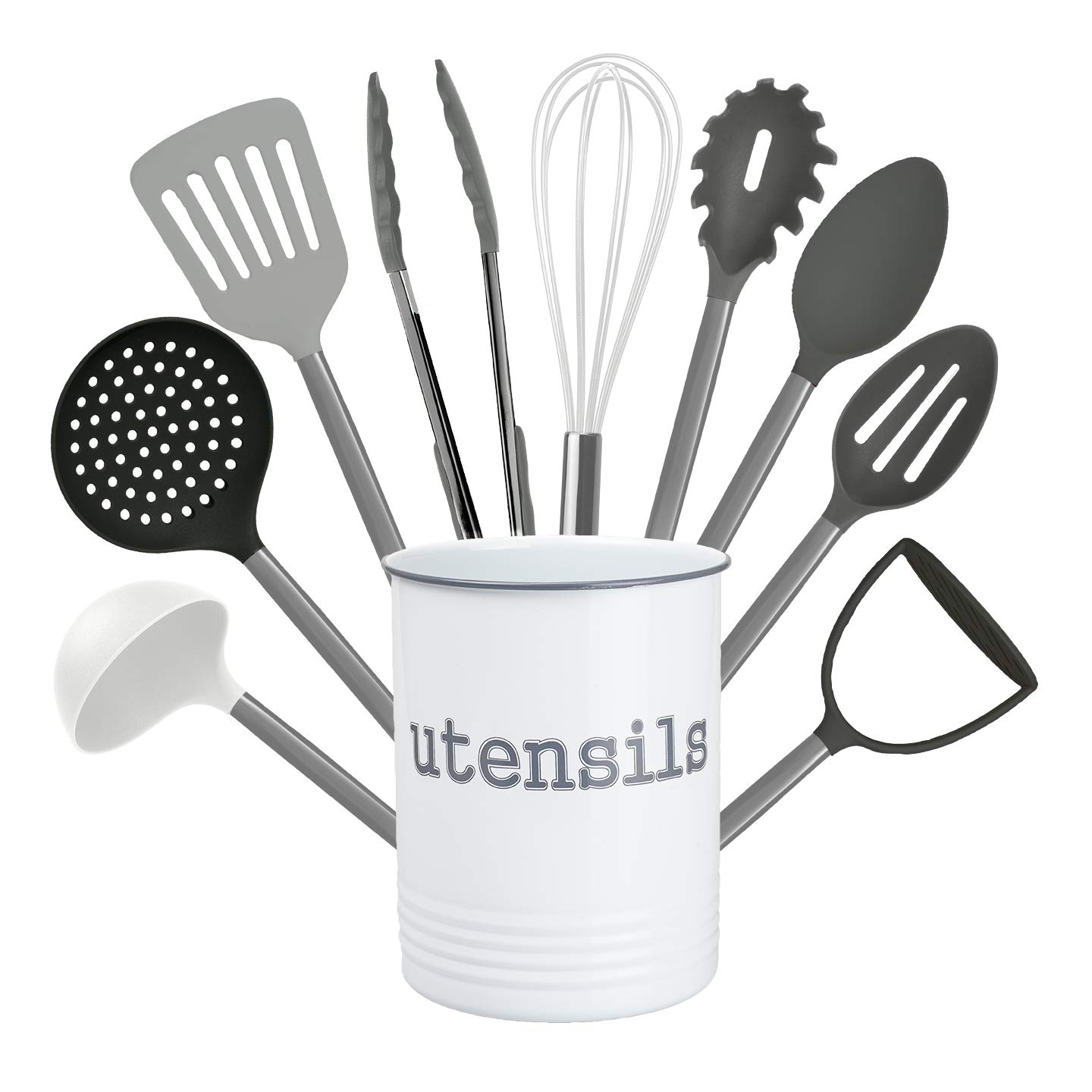 Cook With Color 10 Piece Nylon Cooking Utensil Set with Holder, Kitchen Tools and Gadgets with Rounded Copper Handles (Ombre Grey)
